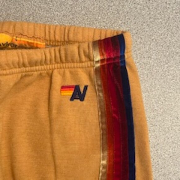 AVIATOR NATION 5 Stripe Sweatpants Joggers L Gold Khaki Velvet Retro Athleisure - Picture 4 of 8